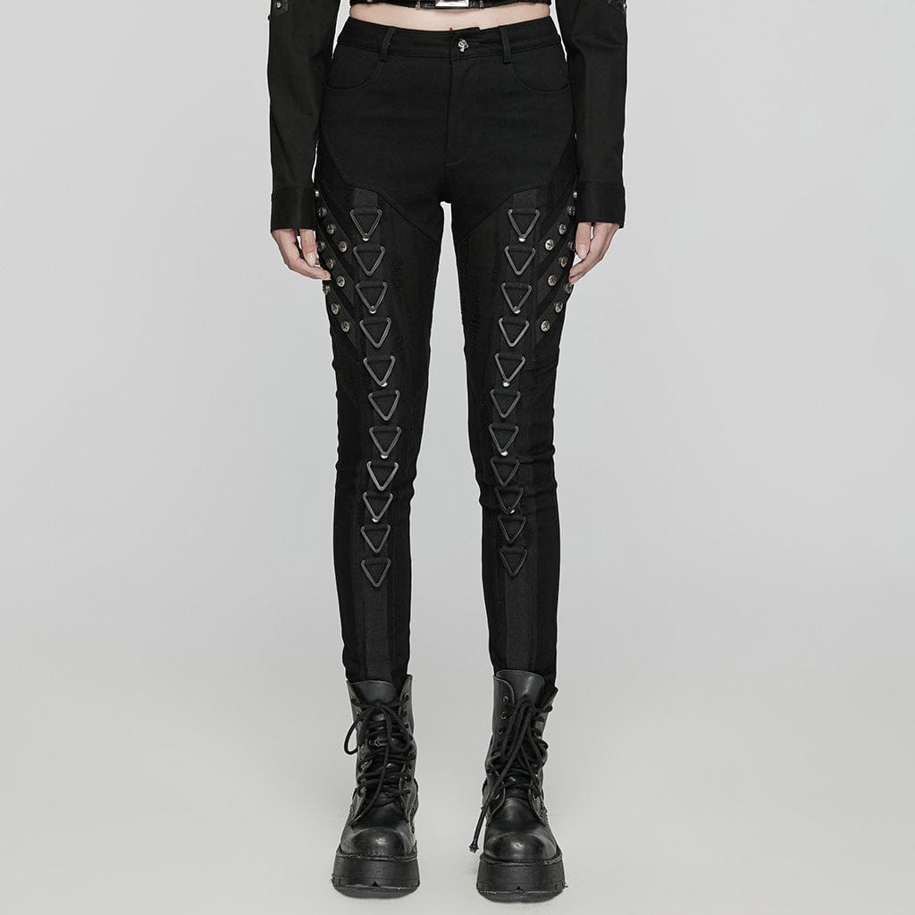 PUNK RAVE Women's Punk Triangular Buckle Splice Mesh Pants