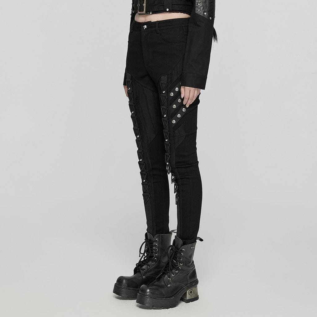 PUNK RAVE Women's Punk Triangular Buckle Splice Mesh Pants