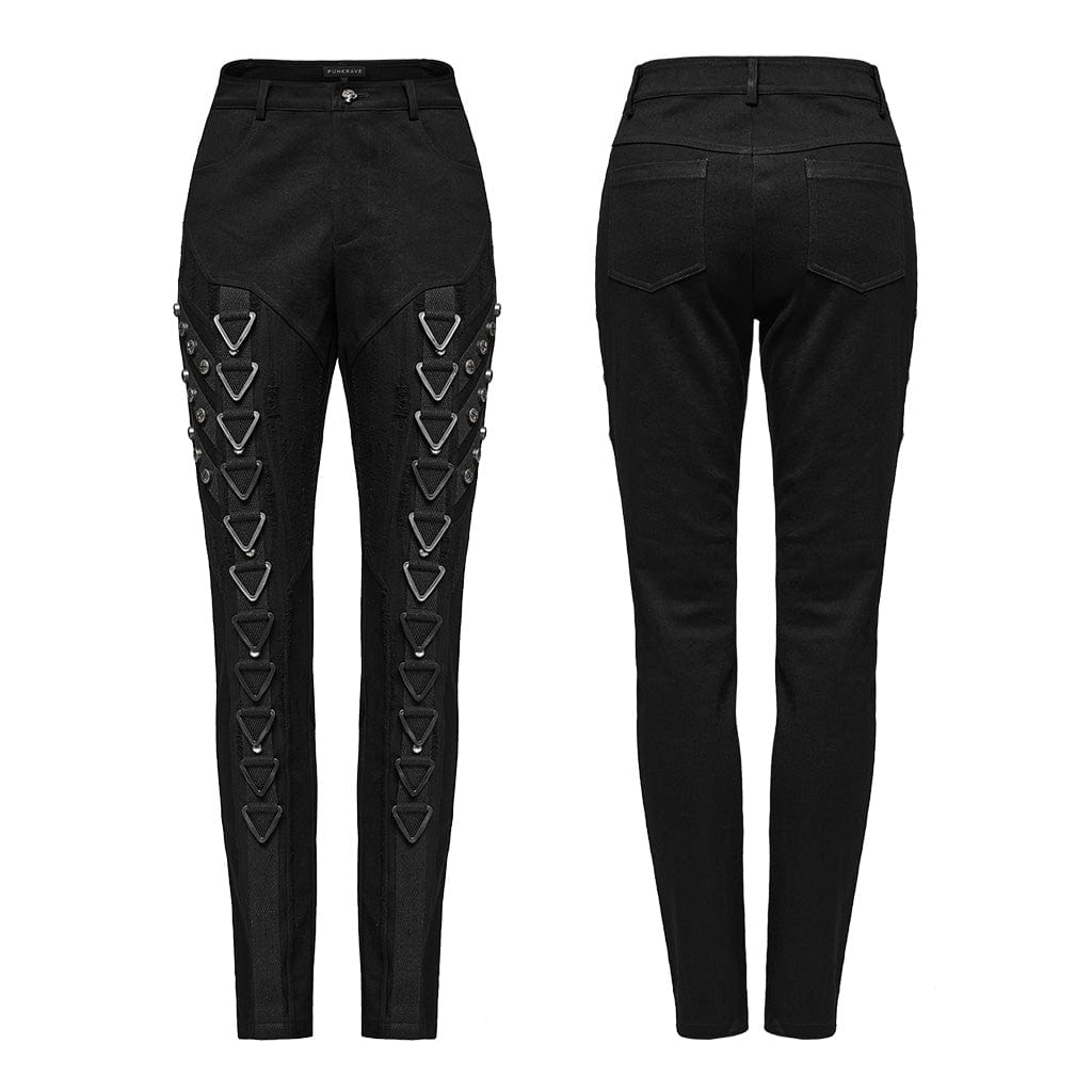 PUNK RAVE Women's Punk Triangular Buckle Splice Mesh Pants