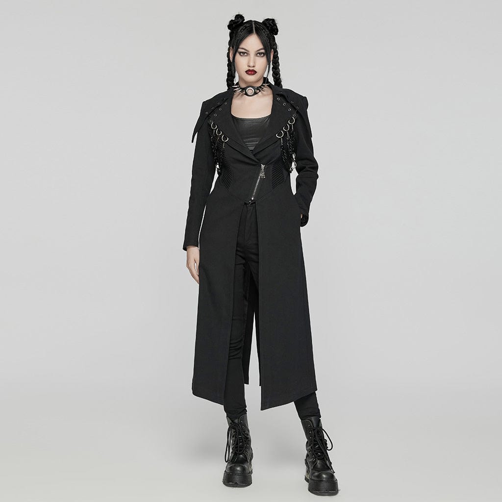 PUNK RAVE Women's Punk Turn Down Collar Metal Chains Long Coat