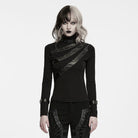 PUNK RAVE Women's Punk Turtleneck Eyelet Buckle Strap Long Sleeve Top