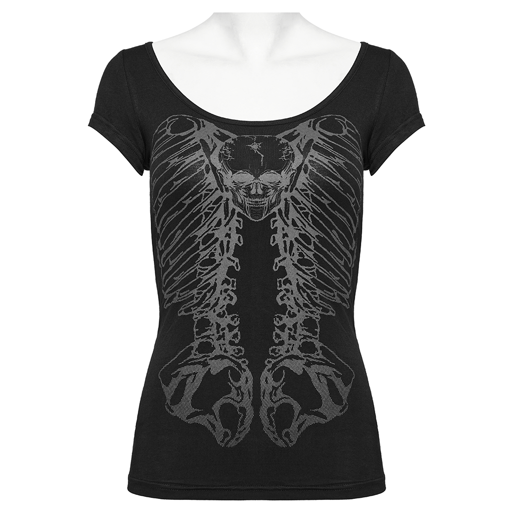 PUNK RAVE Women's Skull Bone Printed Hollow Out T Shirt Black