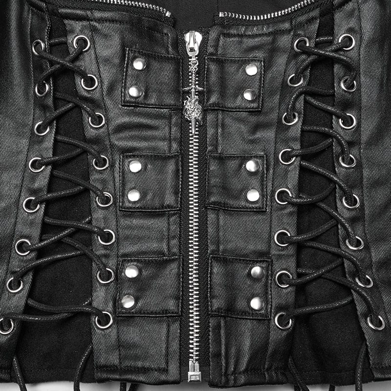 PUNK RAVE Women's Steampunk Domineering High Collar Rivets Lace Up Corsets