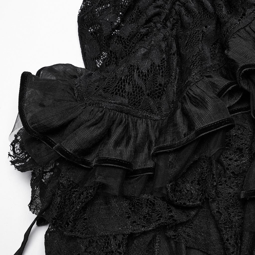 PUNK RAVE Women's Steampunk Lace Hem Drawstring Skirt Black