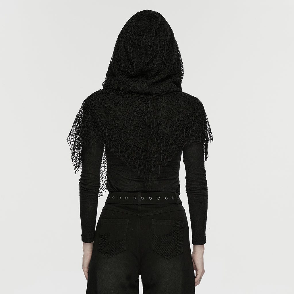 PUNK RAVE Women's Wasteland Punk Mesh Splice Hooded Long Sleeved Shirt