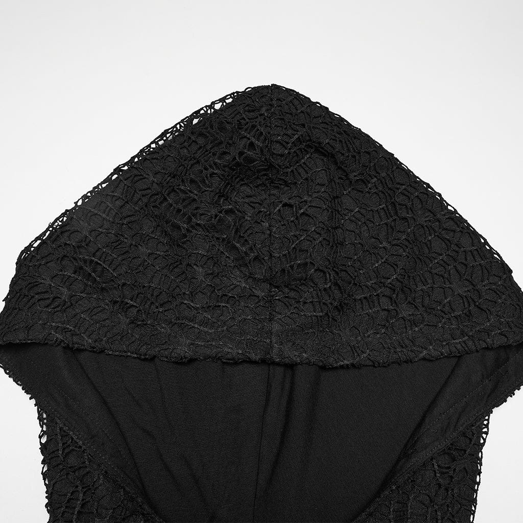 PUNK RAVE Women's Wasteland Punk Mesh Splice Hooded Long Sleeved Shirt