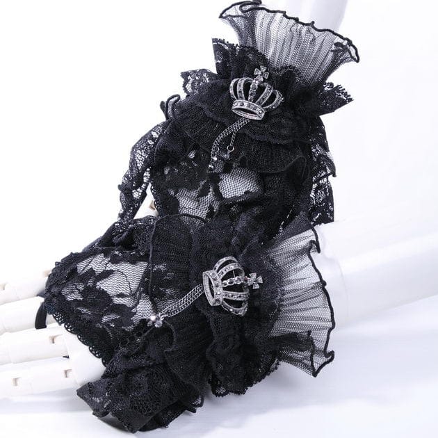 RNG Women's Gothic Crown Half-finger Ruffled Lace Gloves Black