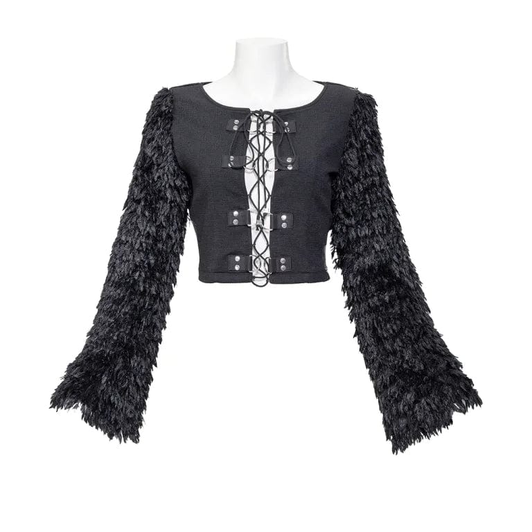 RNG Women's Gothic Faux Fur Splice Lace-up Crop Top
