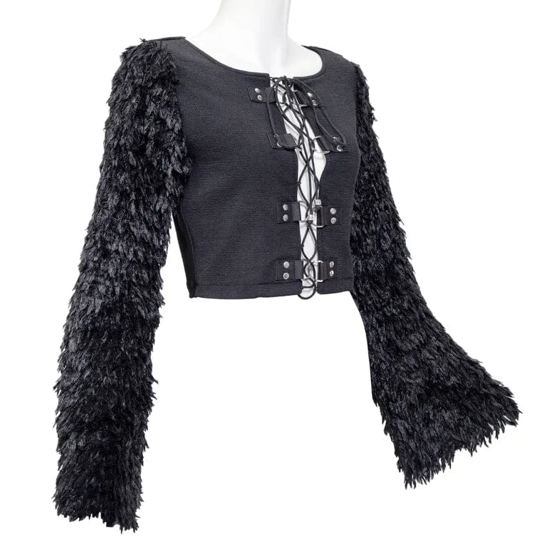 RNG Women's Gothic Faux Fur Splice Lace-up Crop Top