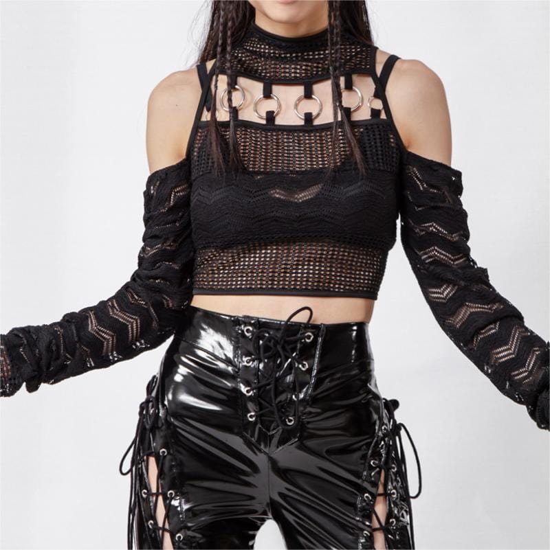 RNG Women's Gothic High Collar  Off Shoulder Long Sleeved Crop Top