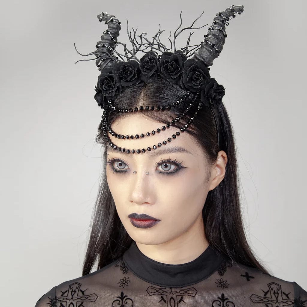 RNG Women's Gothic Horned Beaded Rose Headwear