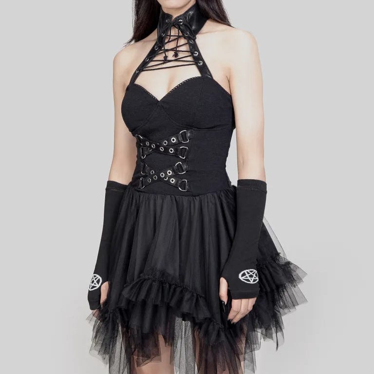 RNG Women's Gothic Irregular Ruffled Halterneck Dress