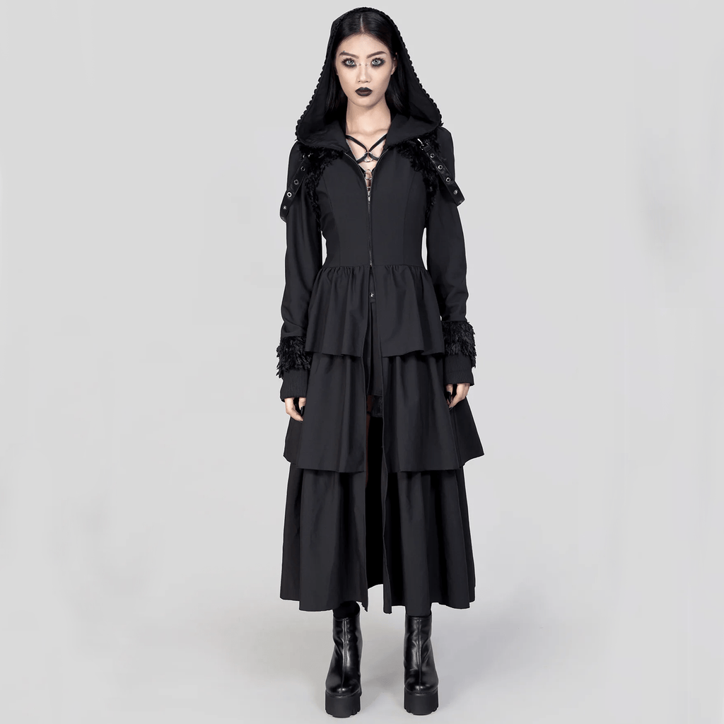 RNG Women's Gothic Plunging Flared Sleeved Split Coat with Hood