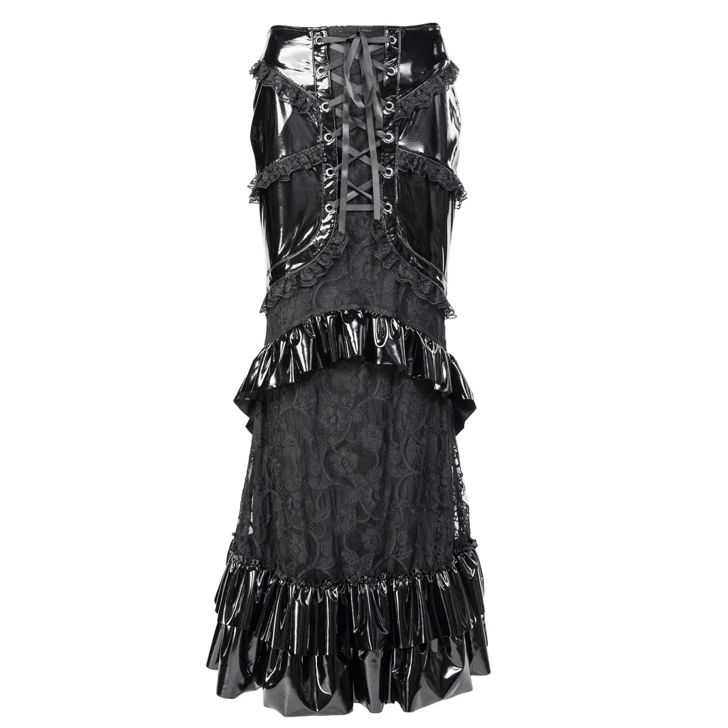 RNG Women's Gothic Ruffled Lace Splice Patent Leather Fishtail Skirt