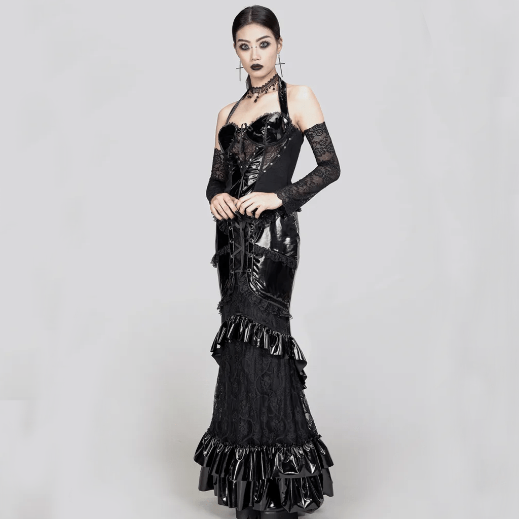 RNG Women's Gothic Ruffled Lace Splice Patent Leather Fishtail Skirt