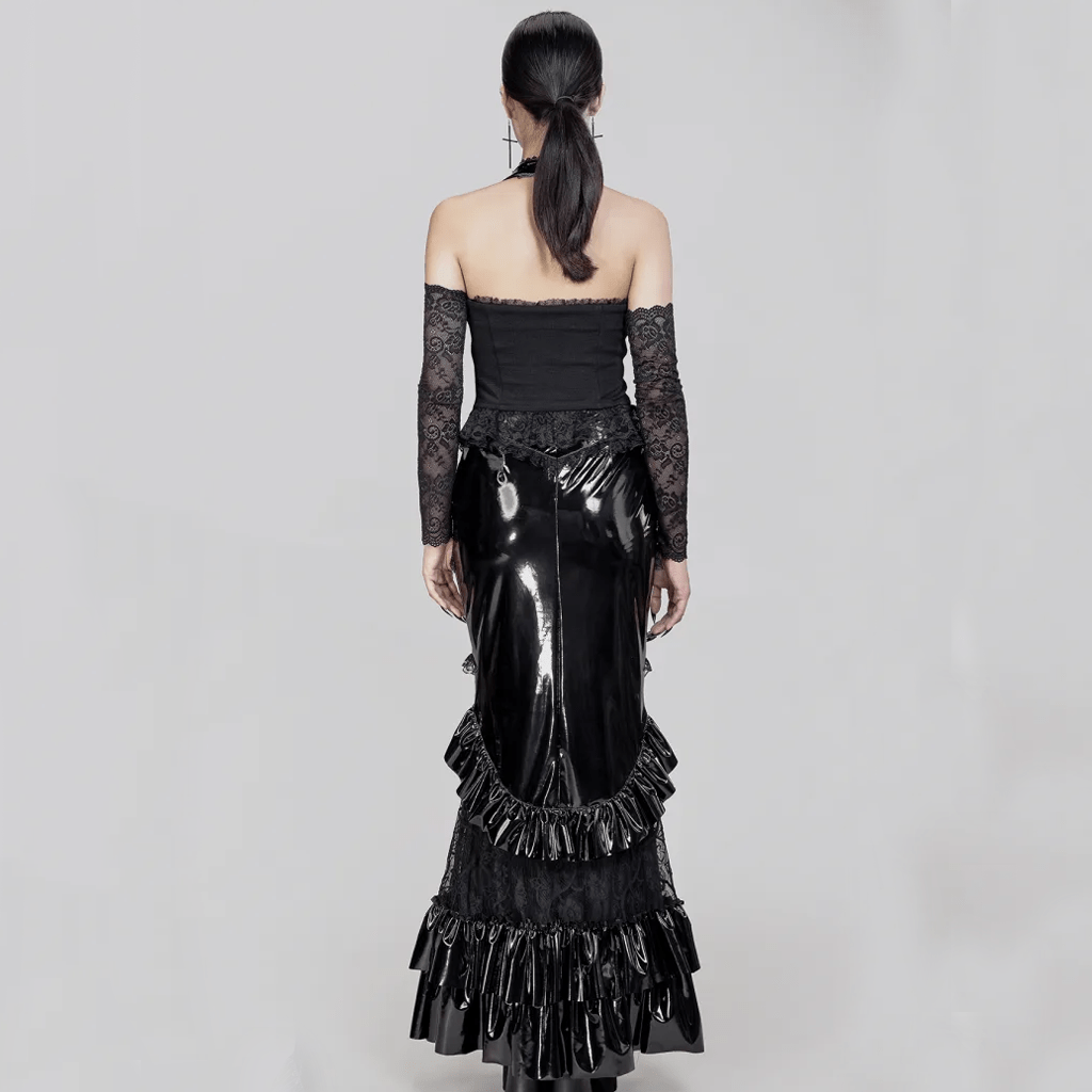 RNG Women's Gothic Ruffled Lace Splice Patent Leather Fishtail Skirt