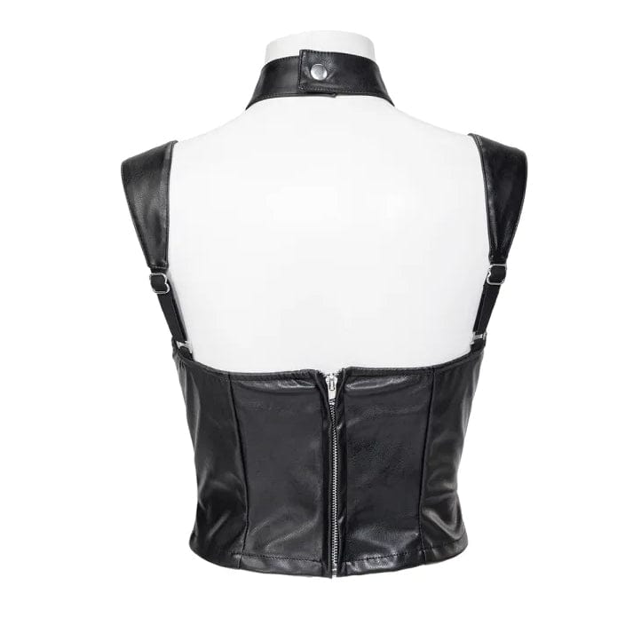 RNG Women's Gothic Stand Collar Cutout Faux Leather Vest