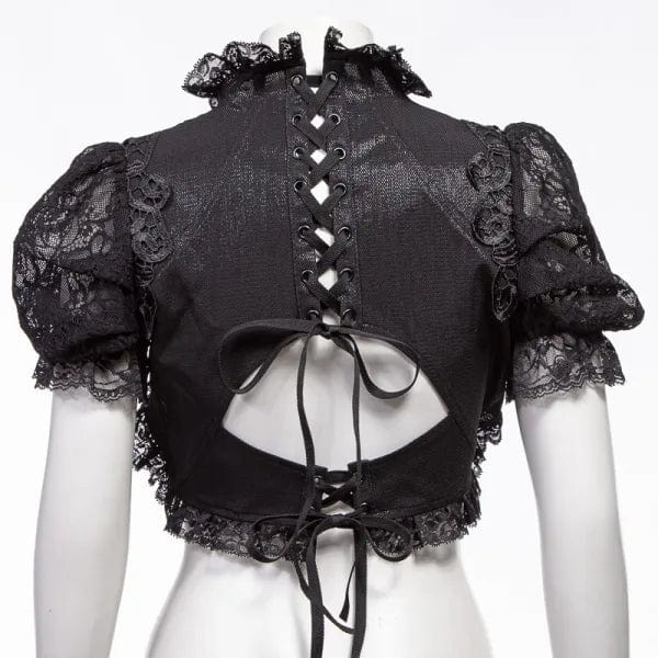 RNG Women's Gothic Stand Collar Puff Sleeved Lace Cape Black