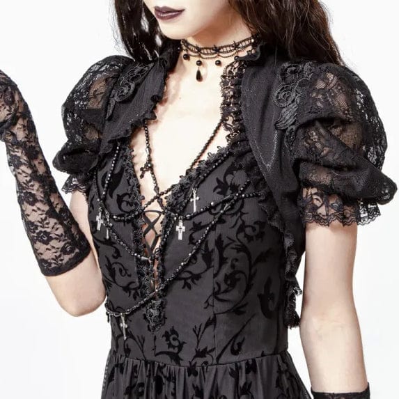 RNG Women's Gothic Stand Collar Puff Sleeved Lace Cape Black