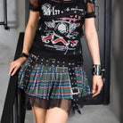 RNG Women's Grunge Eyelet Buckled Plaid Pleated Skirt Green