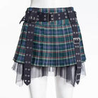RNG Women's Grunge Eyelet Buckled Plaid Pleated Skirt Green