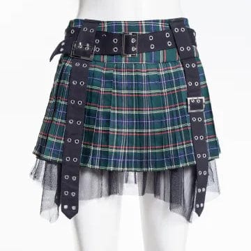 RNG Women's Grunge Eyelet Buckled Plaid Pleated Skirt Green