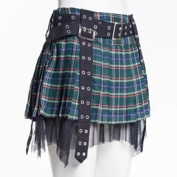 RNG Women's Grunge Eyelet Buckled Plaid Pleated Skirt Green