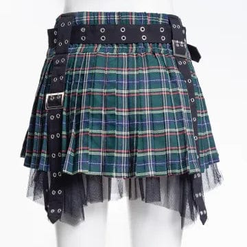 RNG Women's Grunge Eyelet Buckled Plaid Pleated Skirt Green