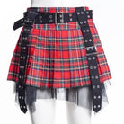 RNG Women's Grunge Eyelet Buckled Plaid Pleated Skirt Red