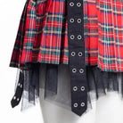 RNG Women's Grunge Eyelet Buckled Plaid Pleated Skirt Red