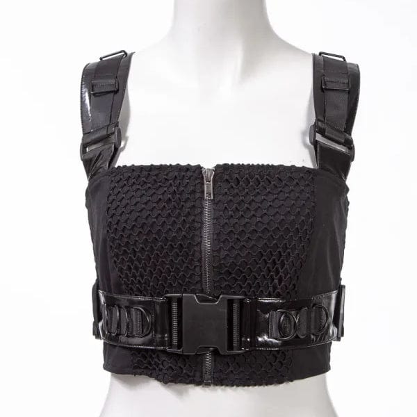 RNG Women's Punk Big-buckle Mesh Splice Vest