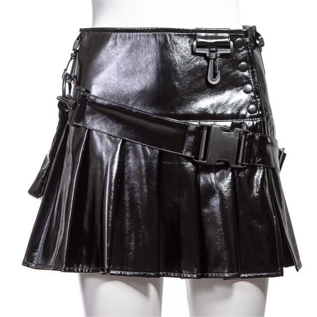 RNG Women's Punk Pleated Faux Leather Short Skirt