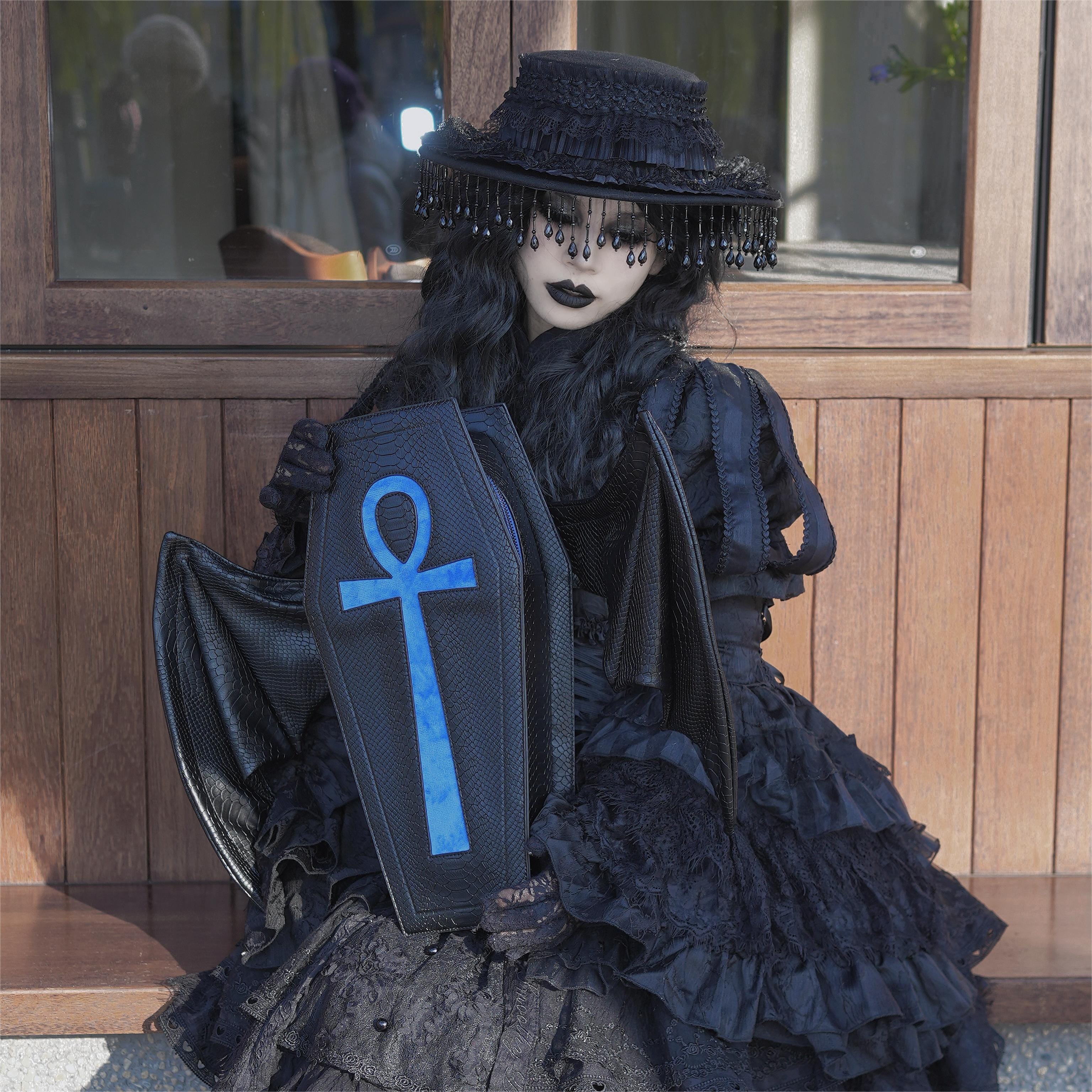 Vukora Women's Gothic Cross Bat Wing Coffin Bag Black-Blue