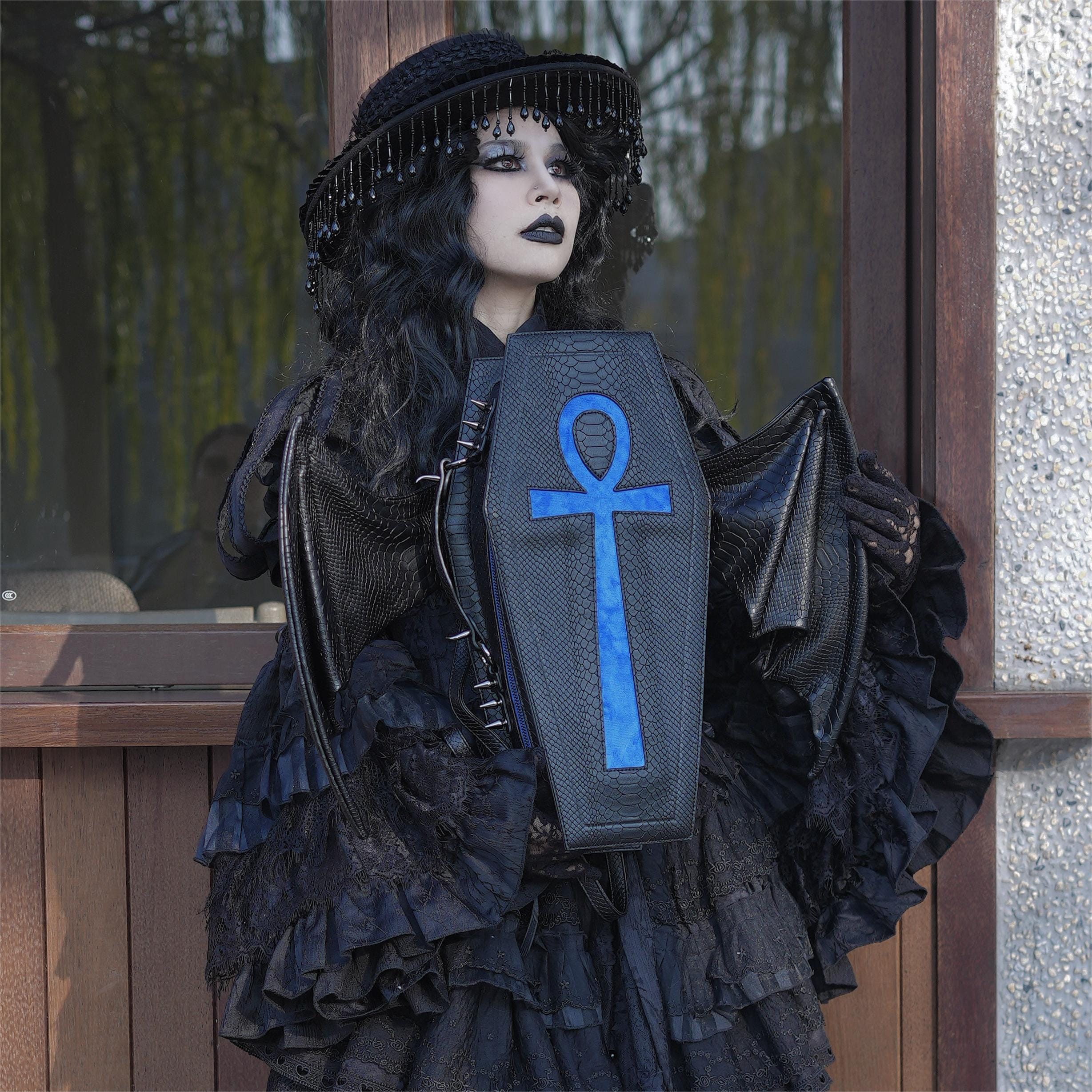 Vukora Women's Gothic Cross Bat Wing Coffin Bag Black-Blue