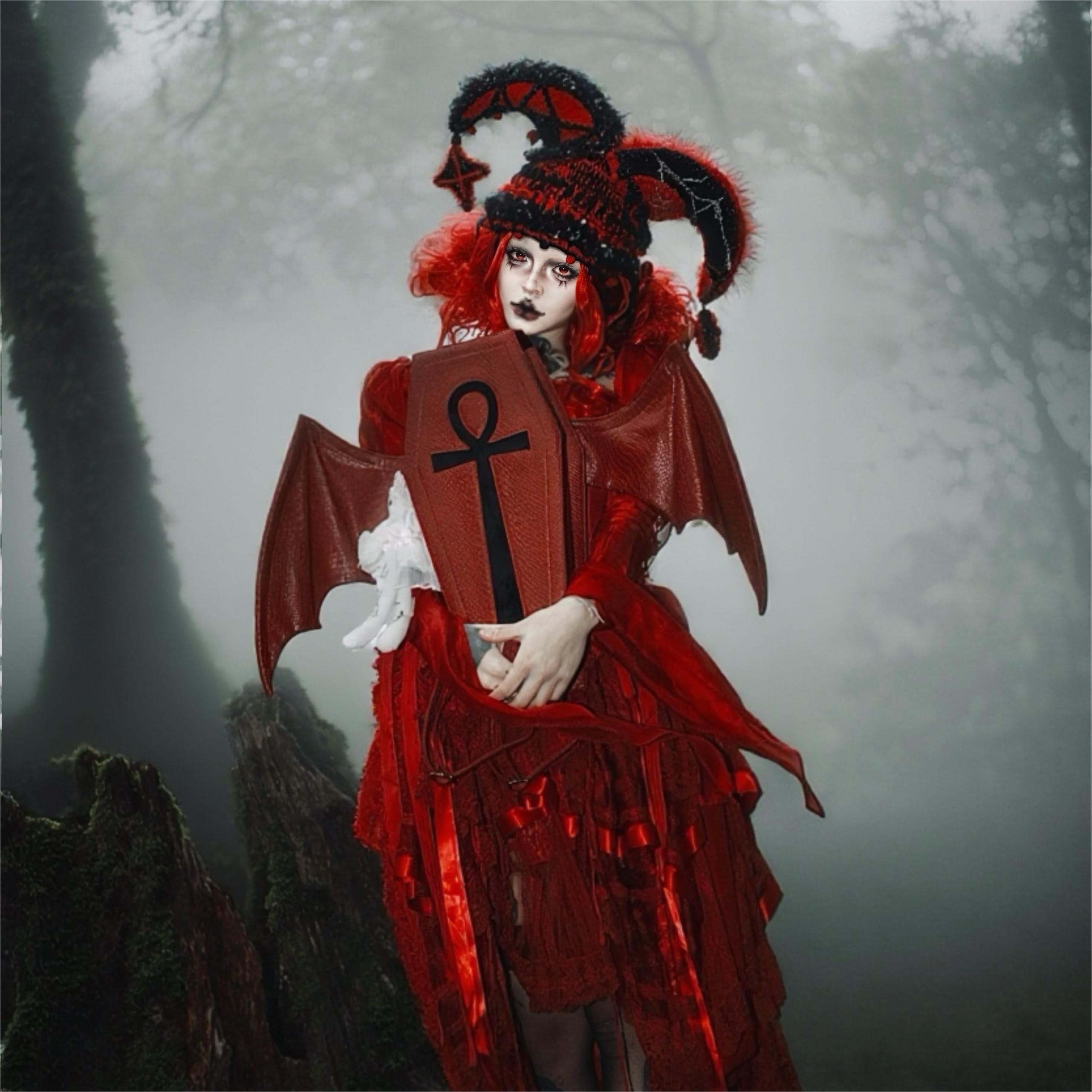 Vukora Women's Gothic Cross Bat Wing Coffin Bag Faux Leather Red