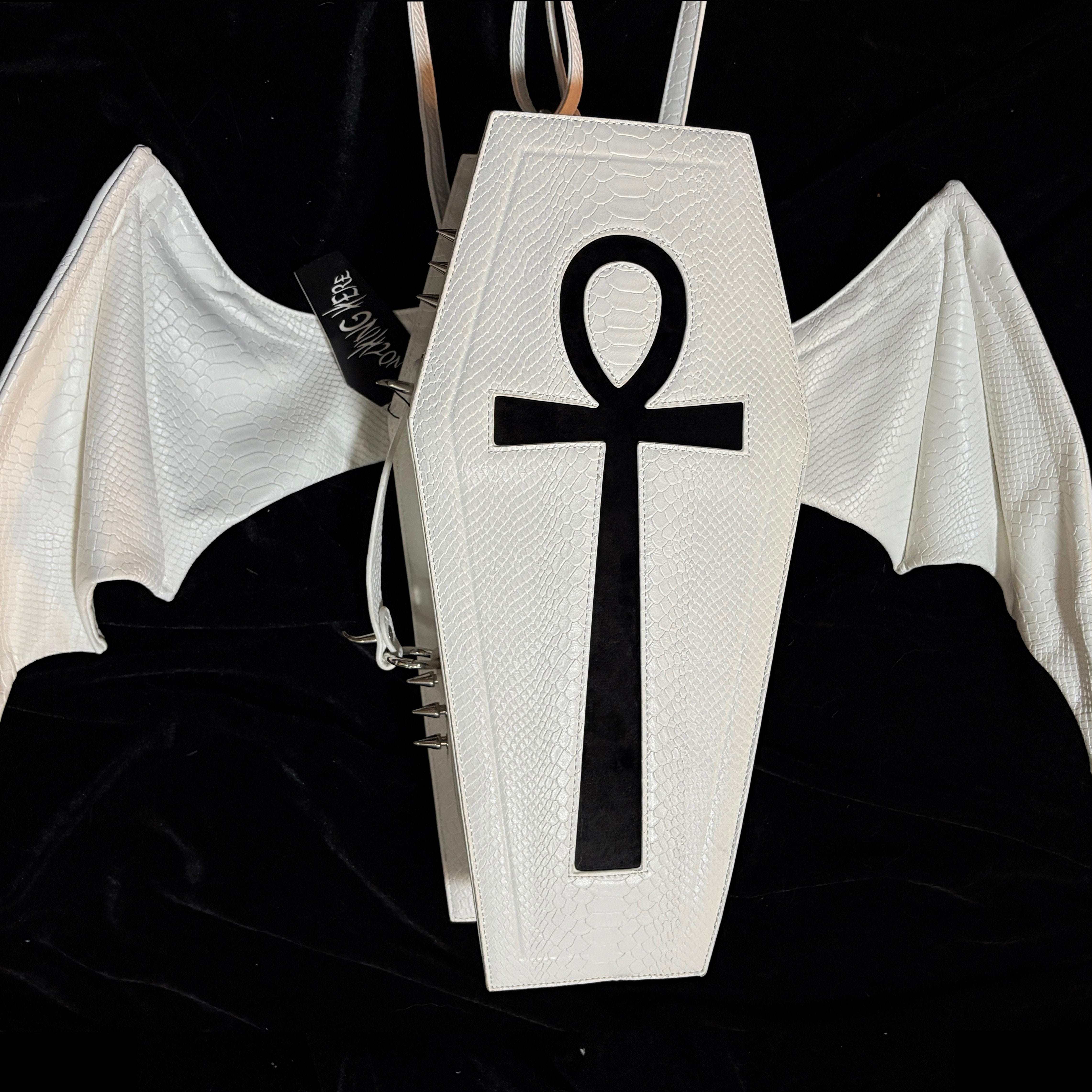 Vukora Women's Gothic Cross Bat Wing Coffin Bag White-Black