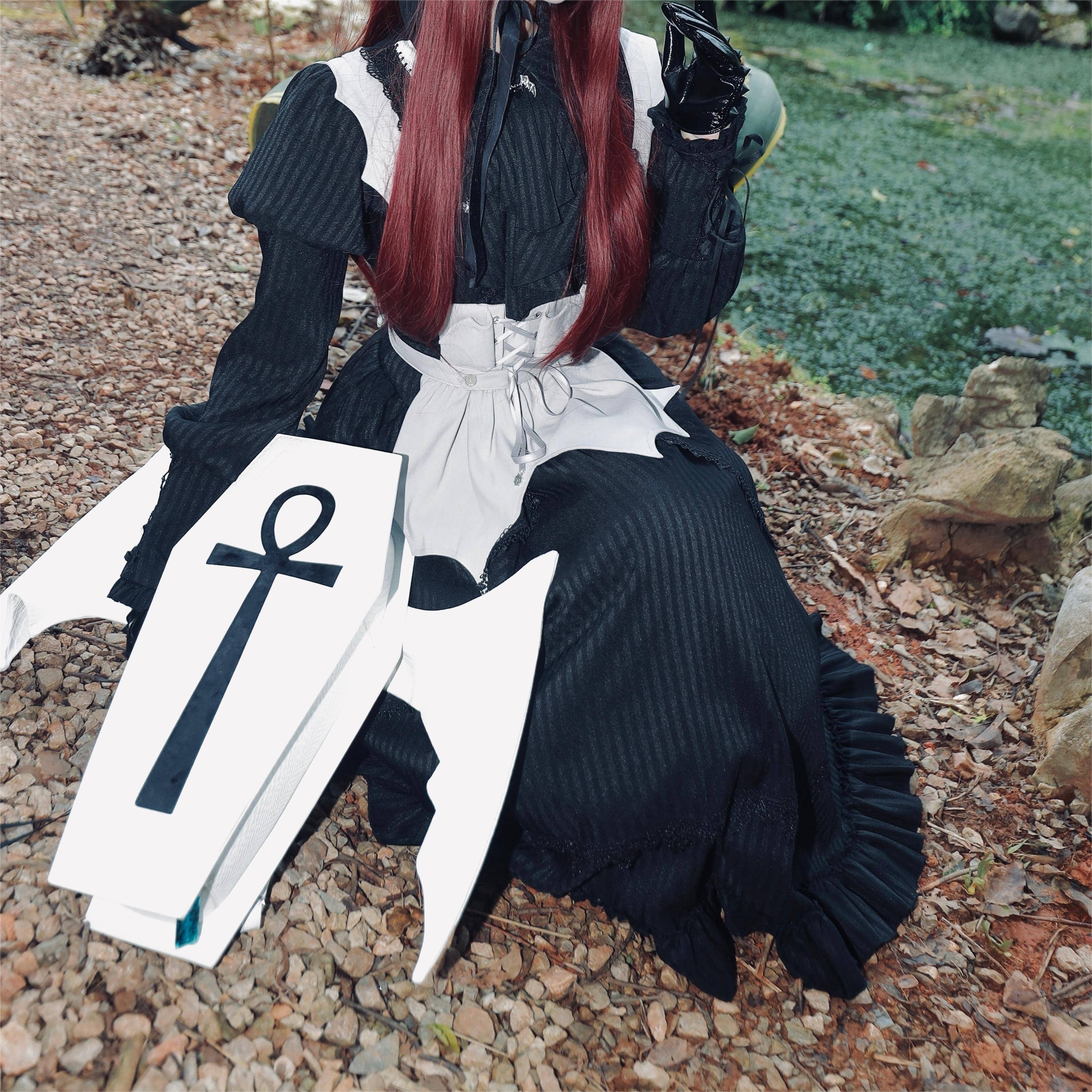 Vukora Women's Gothic Cross Bat Wing Coffin Bag White-Black