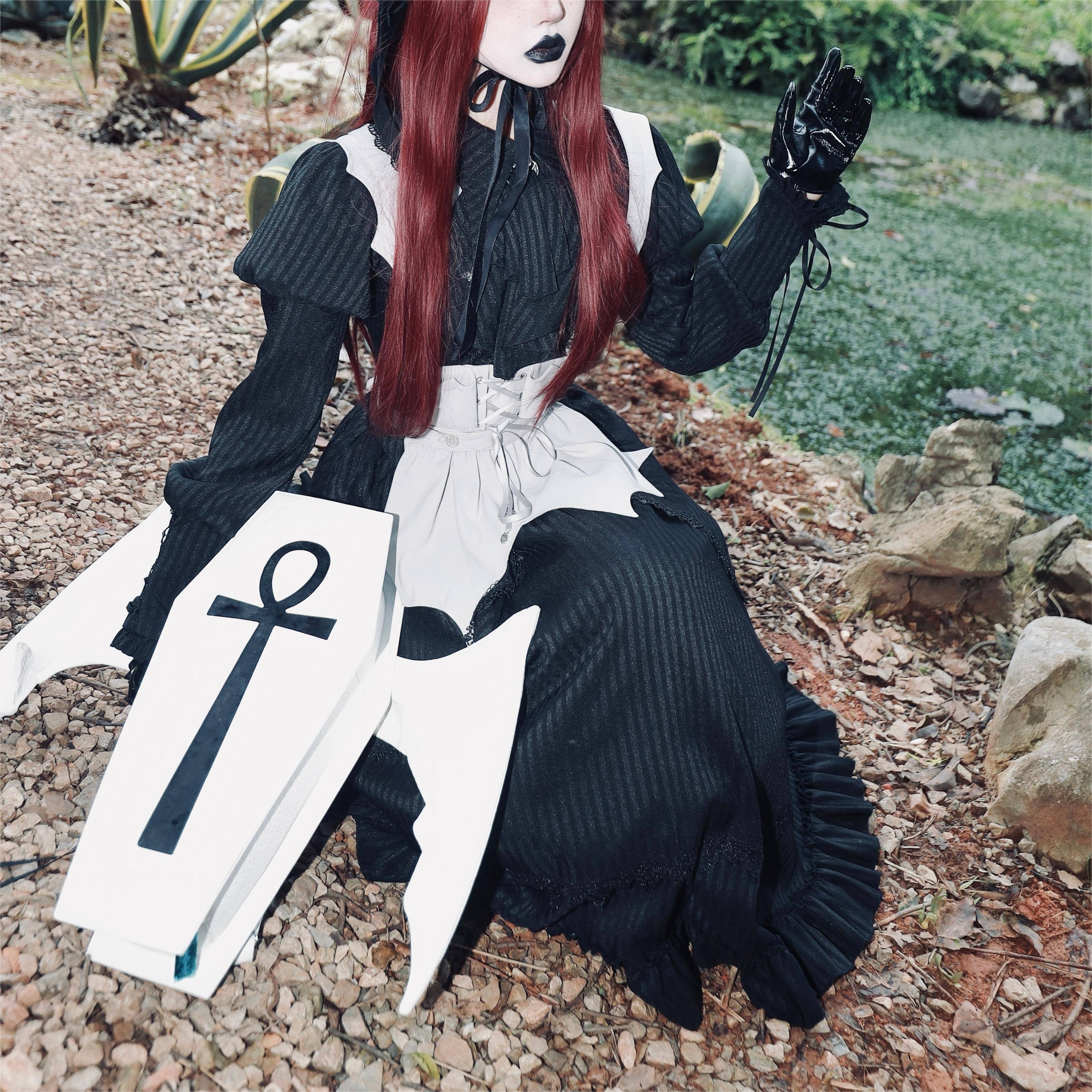 Vukora Women's Gothic Cross Bat Wing Coffin Bag White-Black