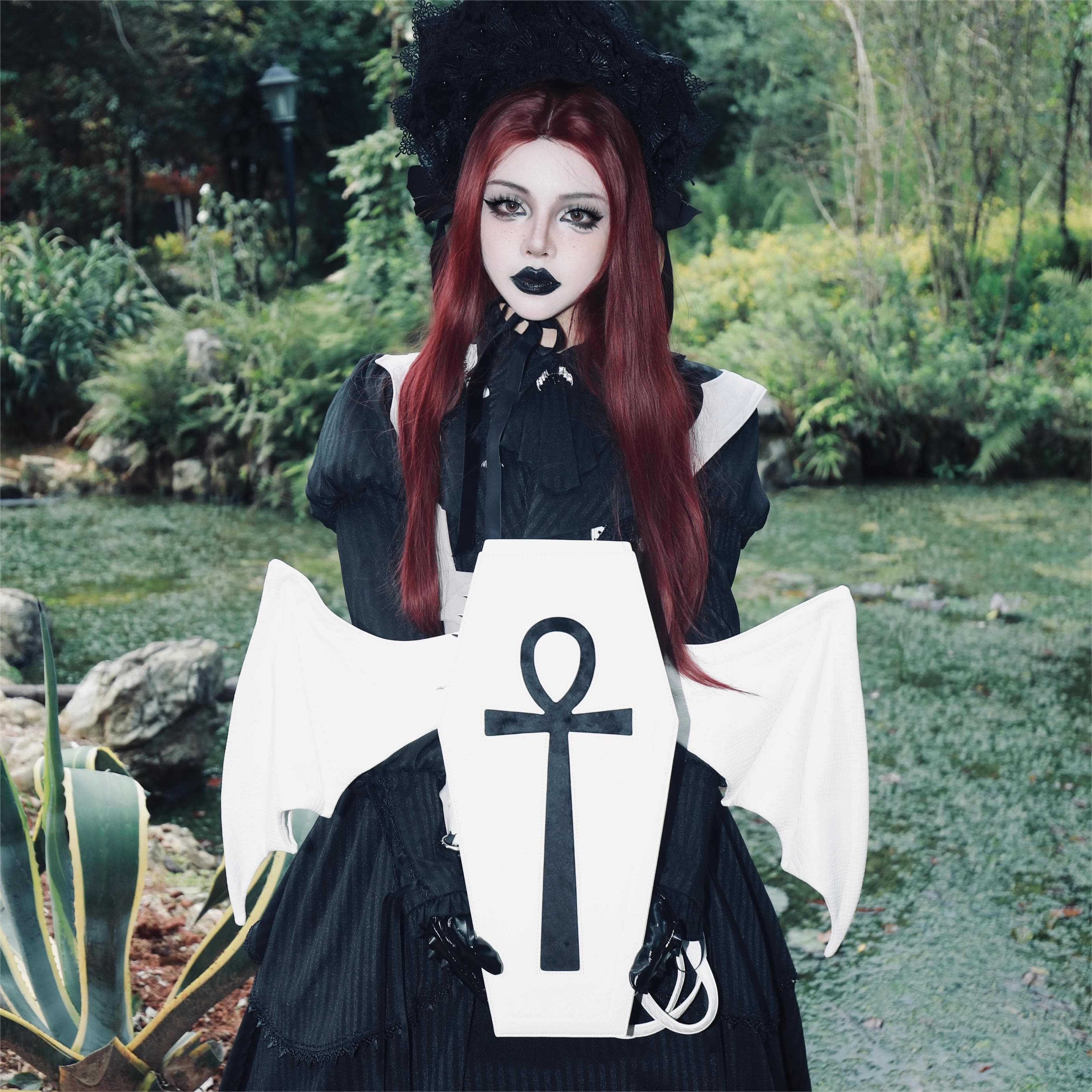 Vukora Women's Gothic Cross Bat Wing Coffin Bag White-Black