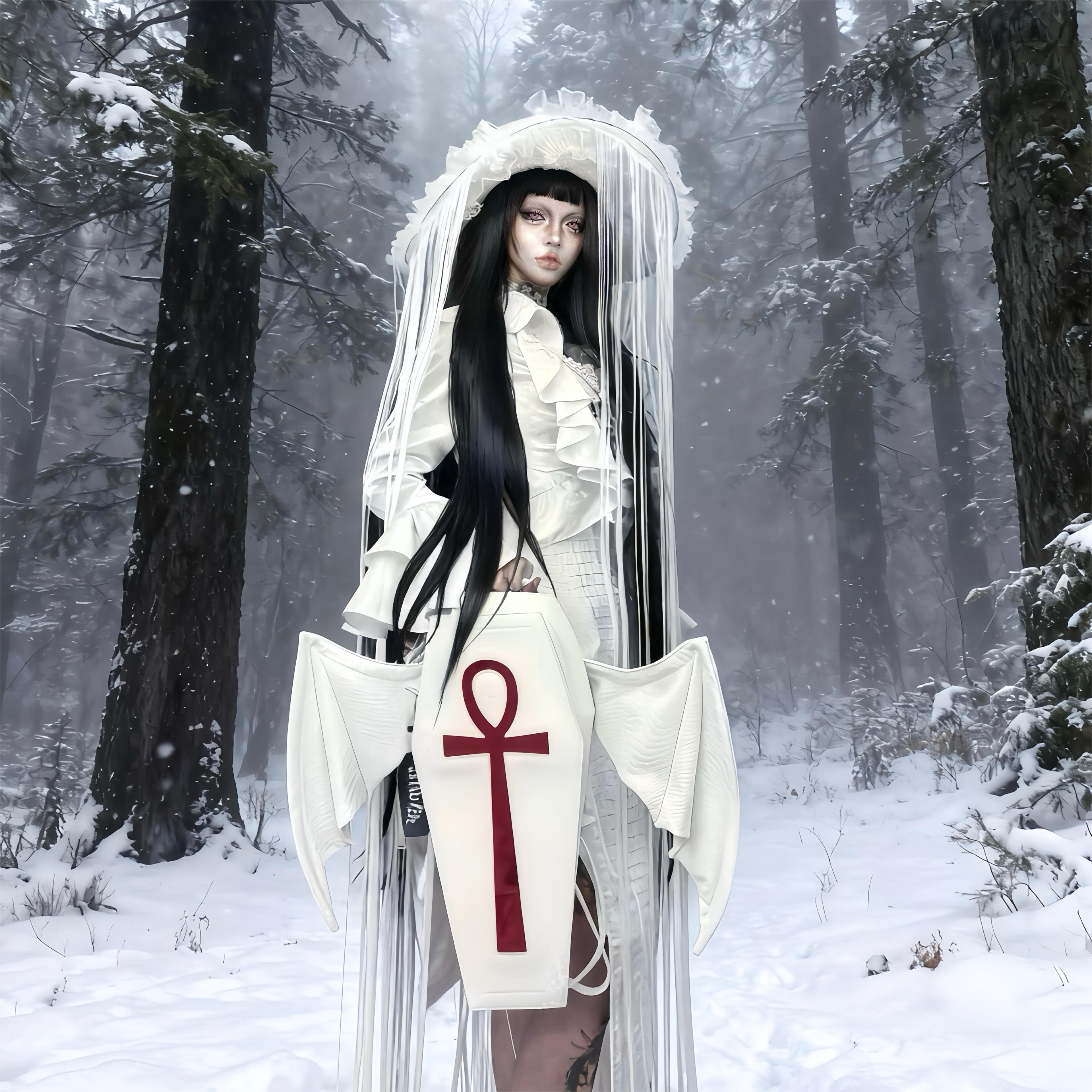 Vukora Women's Gothic Cross Bat Wing Coffin Bag White-Red
