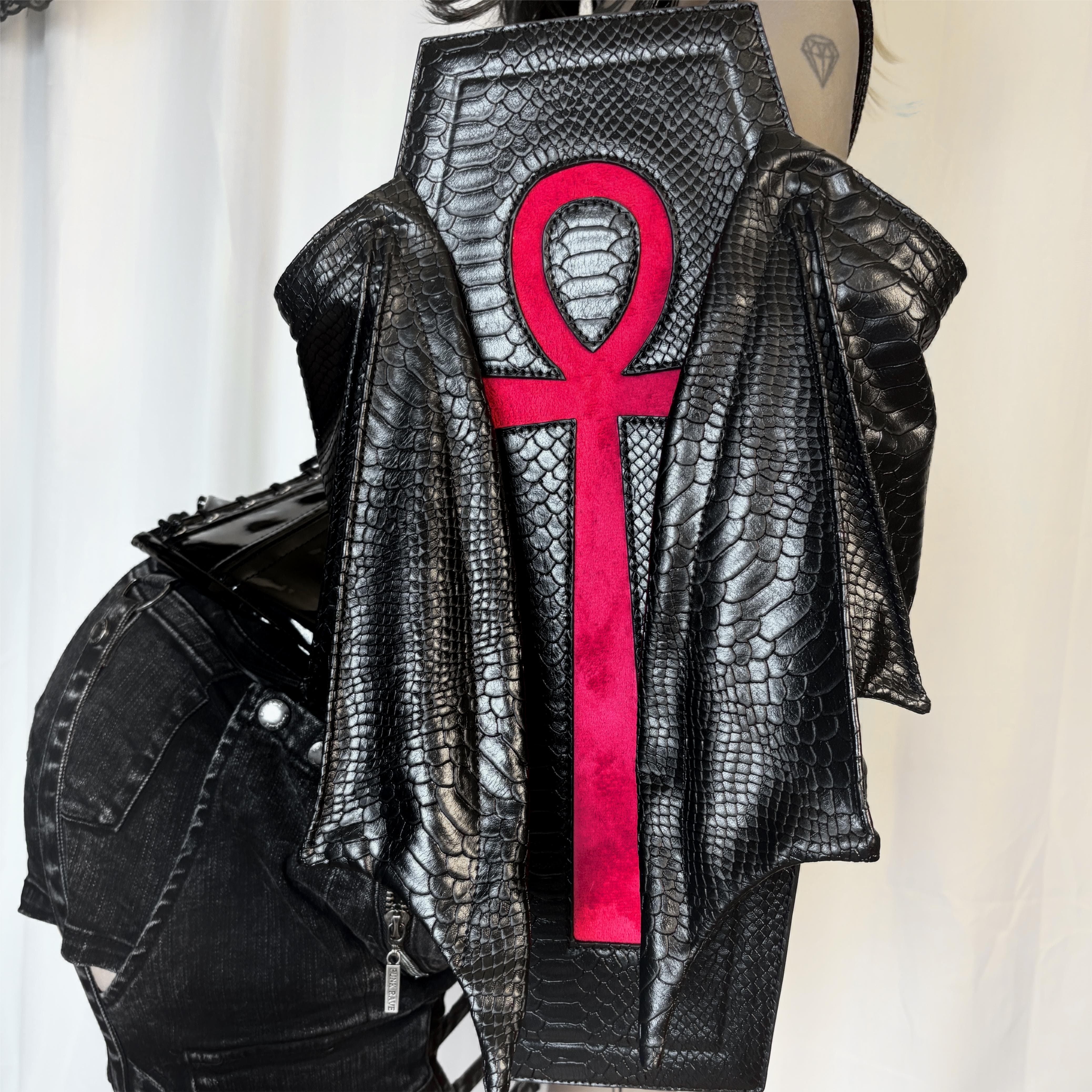 Vukora Women's Gothic Cross Bat Wing Coffin Faux Leather Bag Black