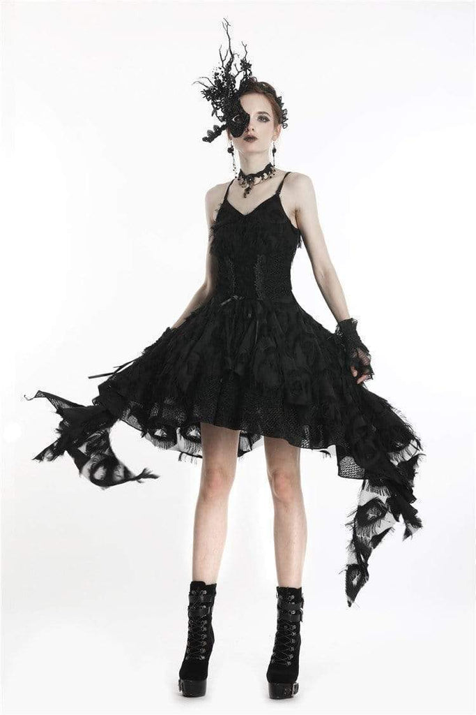 Women's Goth Feather Long Side Lace Maxi Slip Dress