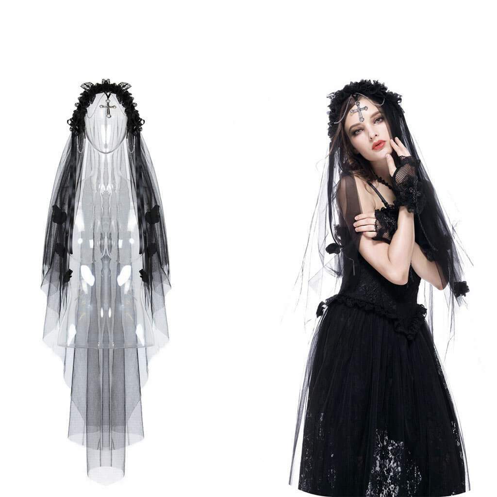 Women's Cross Embellished Goth Veil