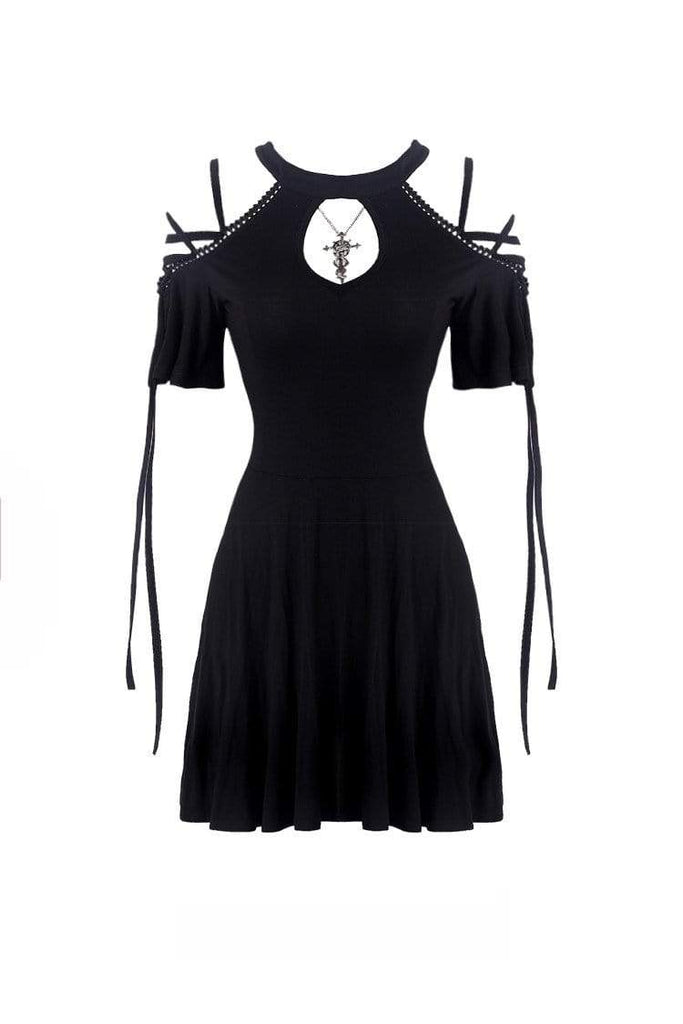 Darkinlove Women's Goth Crisscross Off-Shoulder Black Little Dress