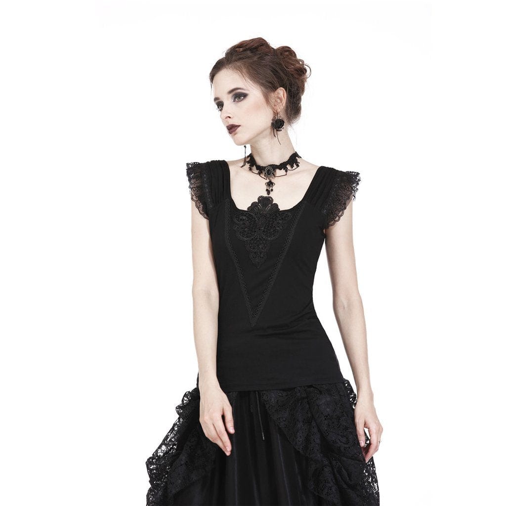 Darkinlove Women's Goth Floral Embroideried Off Shoulder Lace Short Sleeved Tops