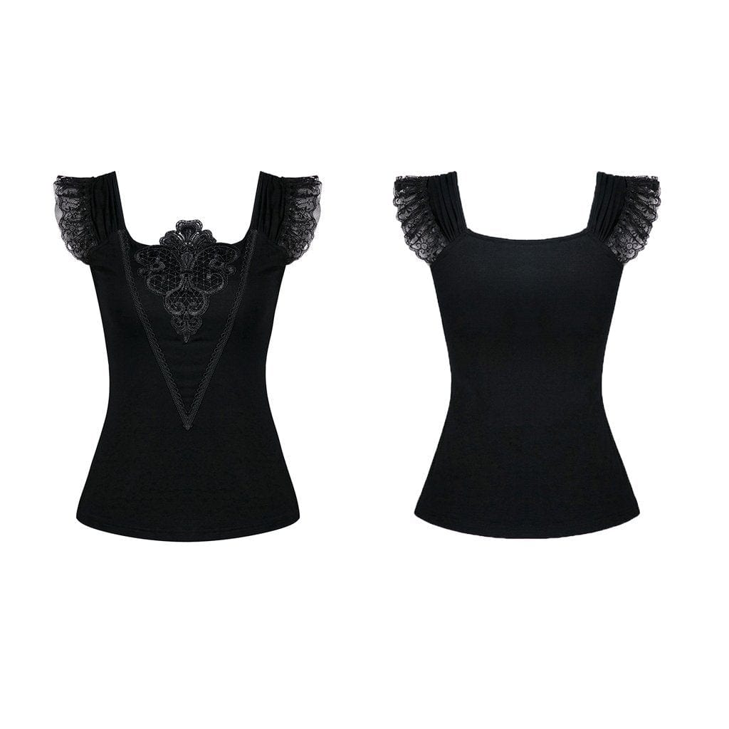 Darkinlove Women's Goth Floral Embroideried Off Shoulder Lace Short Sleeved Tops