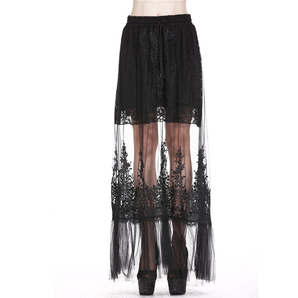 Darkinlove Women's Goth Floral Embroideried Translucent Lace Maxi Skirt