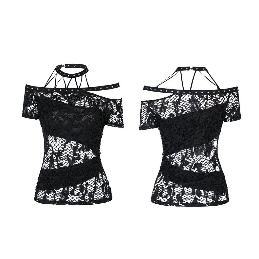 Darkinlove Women's Goth Halterneck Off Shoulder Floral Sheer Mesh Tops