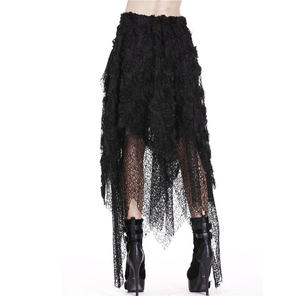 Darkinlove Women's Goth High-Waisted Floral Lace Irregular Hem Skirts