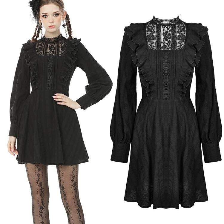 Women's Goth Lace Collar Long Sleeved Ruffles Black Little Dresses